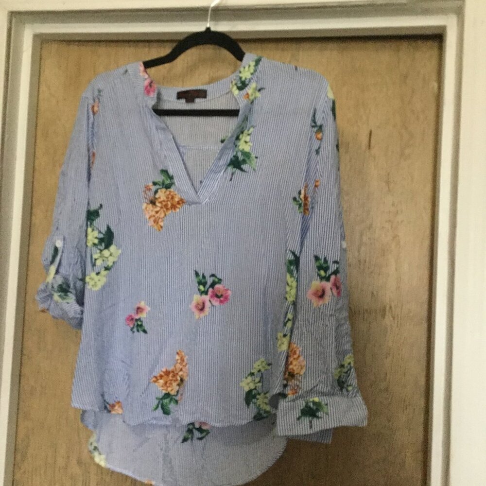 Rose Burg size large pinstripe blouse top with floral design roll tab sleeves